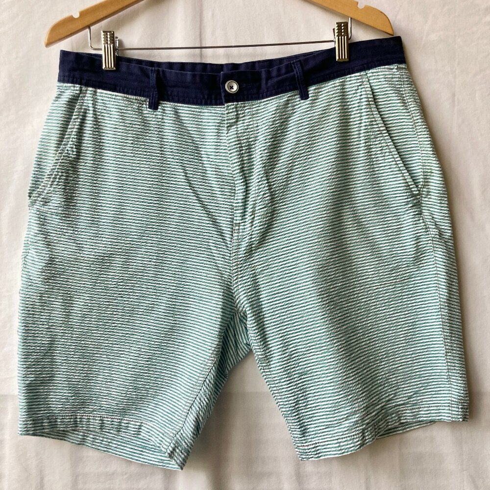 Rodd & Gunn Mens Searsucker Shorts Italian Cotton Green Blue White Size 36 Slim